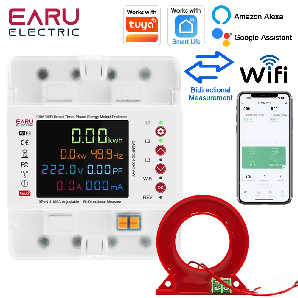 Energy Meter Bidirectional - มิเตอร์วัดพลังงานไฟฟ้าแบบสองทิศทาง 3 เฟส EARU พร้อมรีเลย์ป้องกันไฟรั่วและควบคุมผ่านแอป Tuya